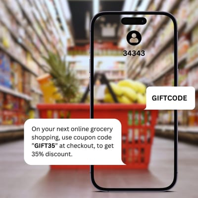 The application of dedicated short code shown by a grocery store message which provides a dioscount to its customer by its usage.jpg